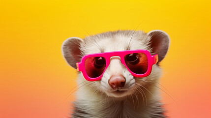 Funny and colorful Ferret with sunglasses and a colorful and bright background. Summer vacation concept. generative ai