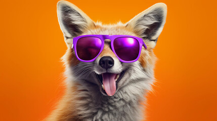 Fototapeta premium Funny and colorful Fox with sunglasses and a colorful and bright background. Summer vacation concept. generative ai