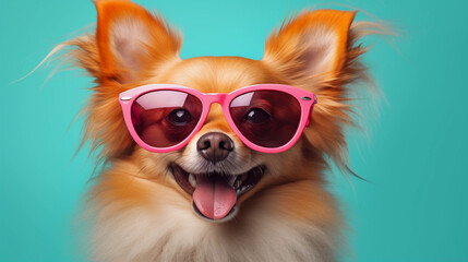 Funny and colorful Dog with sunglasses and a colorful and bright background. Summer vacation concept. generative ai