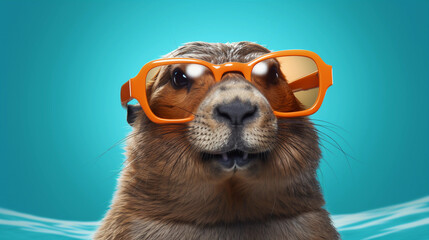 Funny and colorful Beaver with sunglasses and a colorful and bright background. Summer vacation concept. generative ai - obrazy, fototapety, plakaty