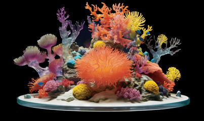  a colorful coral and sea anemones on a black background.  generative ai