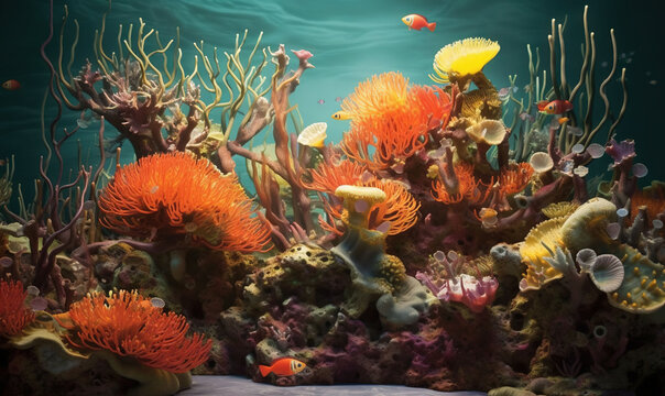  an underwater scene of corals and seaweed with fish.  generative ai
