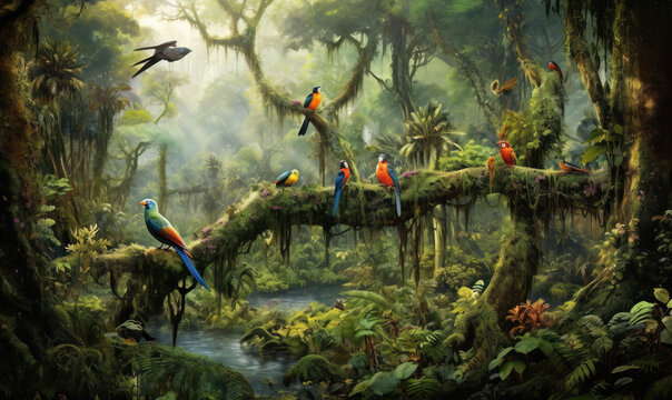  a painting of a jungle with many colorful birds on a branch.  generative ai