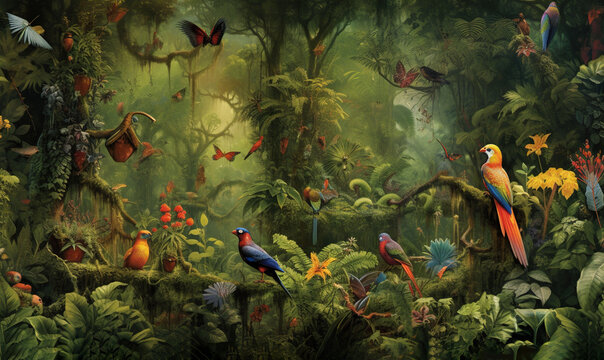  a painting of a jungle with birds and butterflies on it.  generative ai