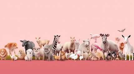  a group of animals standing in front of a pink background.  generative ai