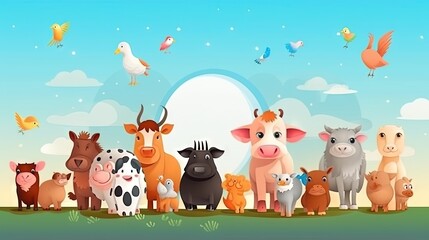  a group of farm animals standing in a field with a sky background.  generative ai