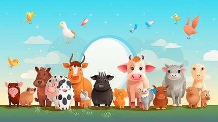 Naklejka premium a group of farm animals standing in a field with a sky background. generative ai