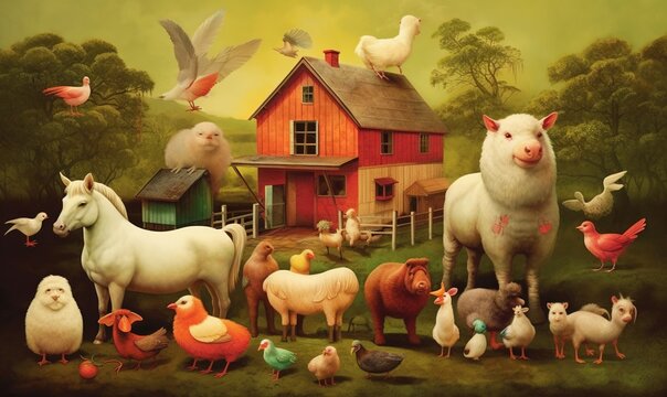  a painting of a farm scene with farm animals and chickens.  generative ai