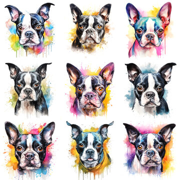 Set of dogs breed Boston Terrier painted in watercolor on a white background in a realistic manner. Ideal for teaching materials, books and designs, postcards, posters.