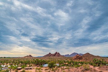 Storm clouds gather over Papago Park in Phoenix, Arizona.