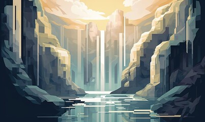  a painting of a waterfall in the middle of a mountain.  generative ai