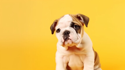 Fototapeta premium Cute little puppy bulldog on the bright yellow background, copyspace. Generative AI