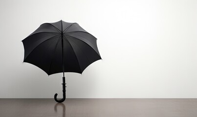  a black umbrella sitting on top of a wooden floor next to a white wall.  generative ai
