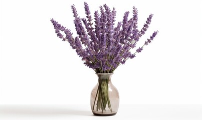  a vase filled with purple flowers on a white surface with a white background.  generative ai