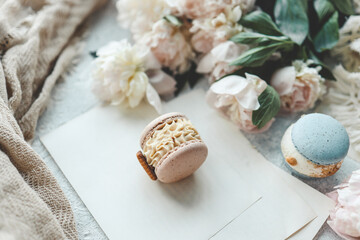 Sweet macarons and white peonies, beautiful photo