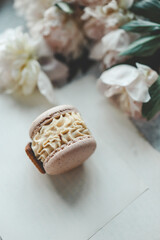 Fototapeta na wymiar Sweet macarons and white peonies, beautiful photo
