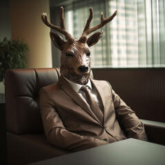 moose in a jacket gives an interview. job interview. inept workers. generative ai, ai, generative,