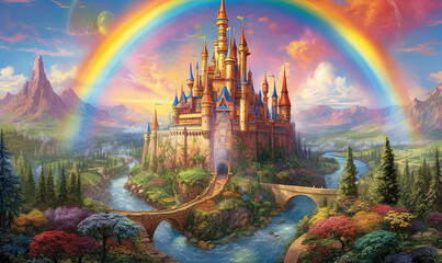  a painting of a castle with a rainbow in the background.  generative ai