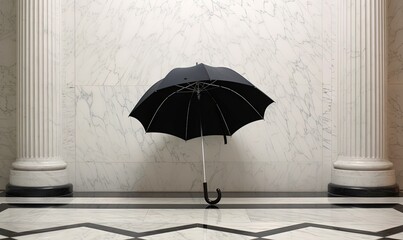  a black umbrella sitting on top of a marble floor next to pillars.  generative ai