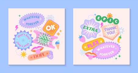 Fototapeta na wymiar Vector set of cute templates with patches and stickers in 90s style.Modern symbols in y2k aesthetic with text.Trendy funky designs for banners,social media marketing,branding,packaging,covers