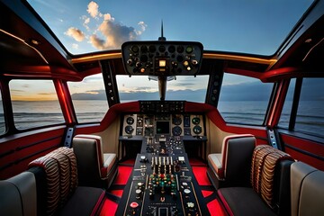 A highly detailed, realistic photograph of the interior cabin of an advanced passenger aircraft with a cockpit view