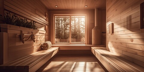 Fototapeta premium AI Generated. AI Generative. Home hotel luxury wooden sauna. indoor interior design relax spa decoration wellness care health. Graphic Art