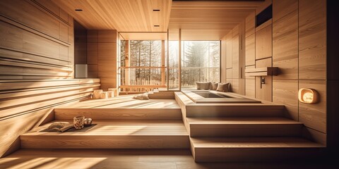 AI Generated. AI Generative. Home hotel luxury wooden sauna. indoor interior design relax spa decoration wellness care health. Graphic Art