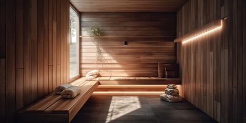 AI Generated. AI Generative. Home hotel luxury wooden sauna. indoor interior design relax spa decoration wellness care health. Graphic Art