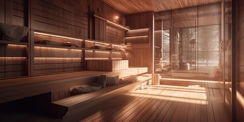 Fototapeta premium AI Generated. AI Generative. Home hotel luxury wooden sauna. indoor interior design relax spa decoration wellness care health. Graphic Art