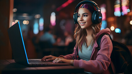 girl with headphones and laptop