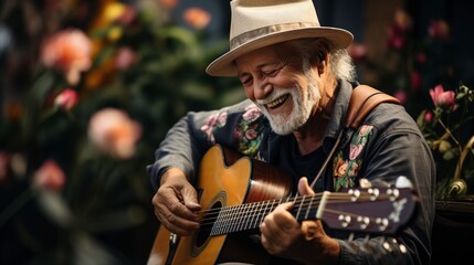 Happy senior man plays guitar Generative AI