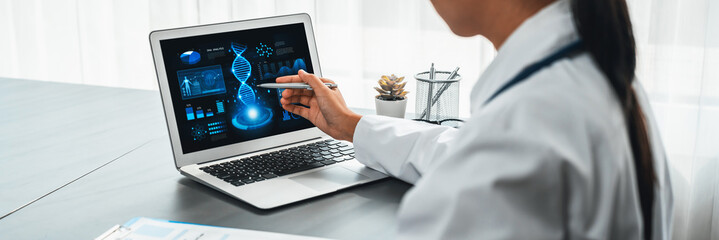 Doctor studying genetic disease in DNA research with laptop, analyze genetic data, formulate...