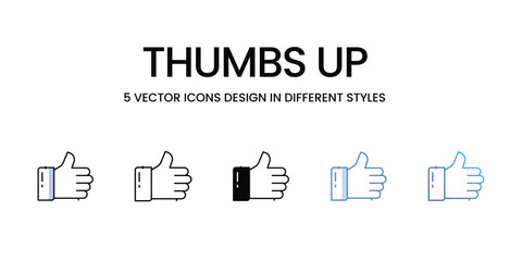 Thumbs Up Icon Design in Five style with Editable Stroke. Line, Solid, Flat Line, Duo Tone Color, and Color Gradient Line. Suitable for Web Page, Mobile App, UI, UX and GUI design.
