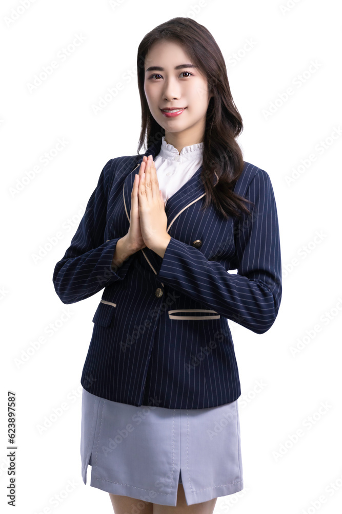 Wall mural portrait of a young asian business woman welcome. isolate in white background.