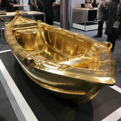 A solid gold boat on display; an illustration created using generative AI