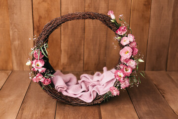 Newborn Digital Background Spring flowers Basket Prop for Newborn. For boys and girls. Wood back....