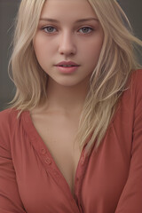 captivating beauty of a close-up portrait featuring a stunning blonde / brunette woman in an elegant blouse.