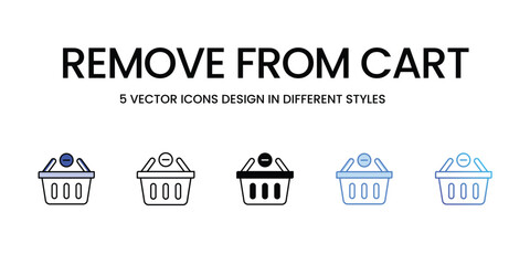 Remove From Cart Icon Design in Five style with Editable Stroke. Line, Solid, Flat Line, Duo Tone Color, and Color Gradient Line. Suitable for Web Page, Mobile App, UI, UX and GUI design.