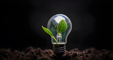 Eco friendly lightbulb with fresh leaves side view on fresh row soil, concept of Renewable Energy and Sustainable Living, copy space, dark background, AI generated