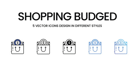 Shopping Budged Icon Design in Five style with Editable Stroke. Line, Solid, Flat Line, Duo Tone Color, and Color Gradient Line. Suitable for Web Page, Mobile App, UI, UX and GUI design.