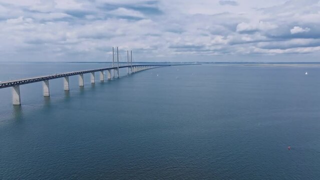 Panoramic aerial close up view of Oresund bridge over the Baltic sea between Malmo city in Sweden and Copenhagen in Denmark.