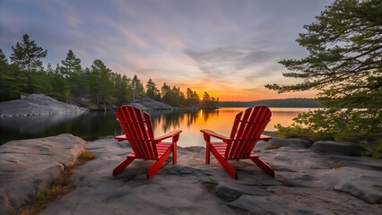 Two red Muskoka chairs sitting on a rock