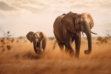 Mother elephant and baby elephant walk on the steppe