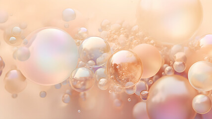 Oil bubbles in water on pastel beige background, close up, macro. AI generated