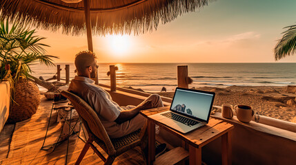 a man working on a laptop and enjoying a stunning view of the beach symbolizing the freedom and flexibility of working remotely.