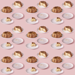 cupcake with chocolate and crumbs on a white plate, on a pink background, seamless pattern