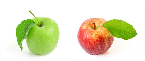 Red and green apples with a green leaf. Isolated on white background