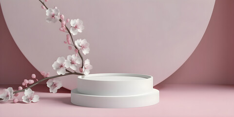 3D display podium. Pastel pink minimalistic background with pedestal stand and blooming Sakura brunch, for product display