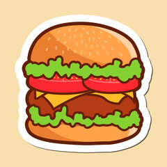 Vector illustration of burger with cheese, tomatoes, lettuce and juicy cutlet for stickers, backgrounds, prints on clothes, restaurant, bar, fast food, packaging