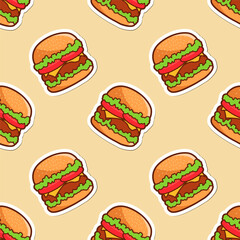 Vector illustration, seamless background of burgers with cheese, tomatoes, lettuce and juicy cutlet for stickers, backgrounds, prints on clothes, restaurant, bar, fast food, packaging